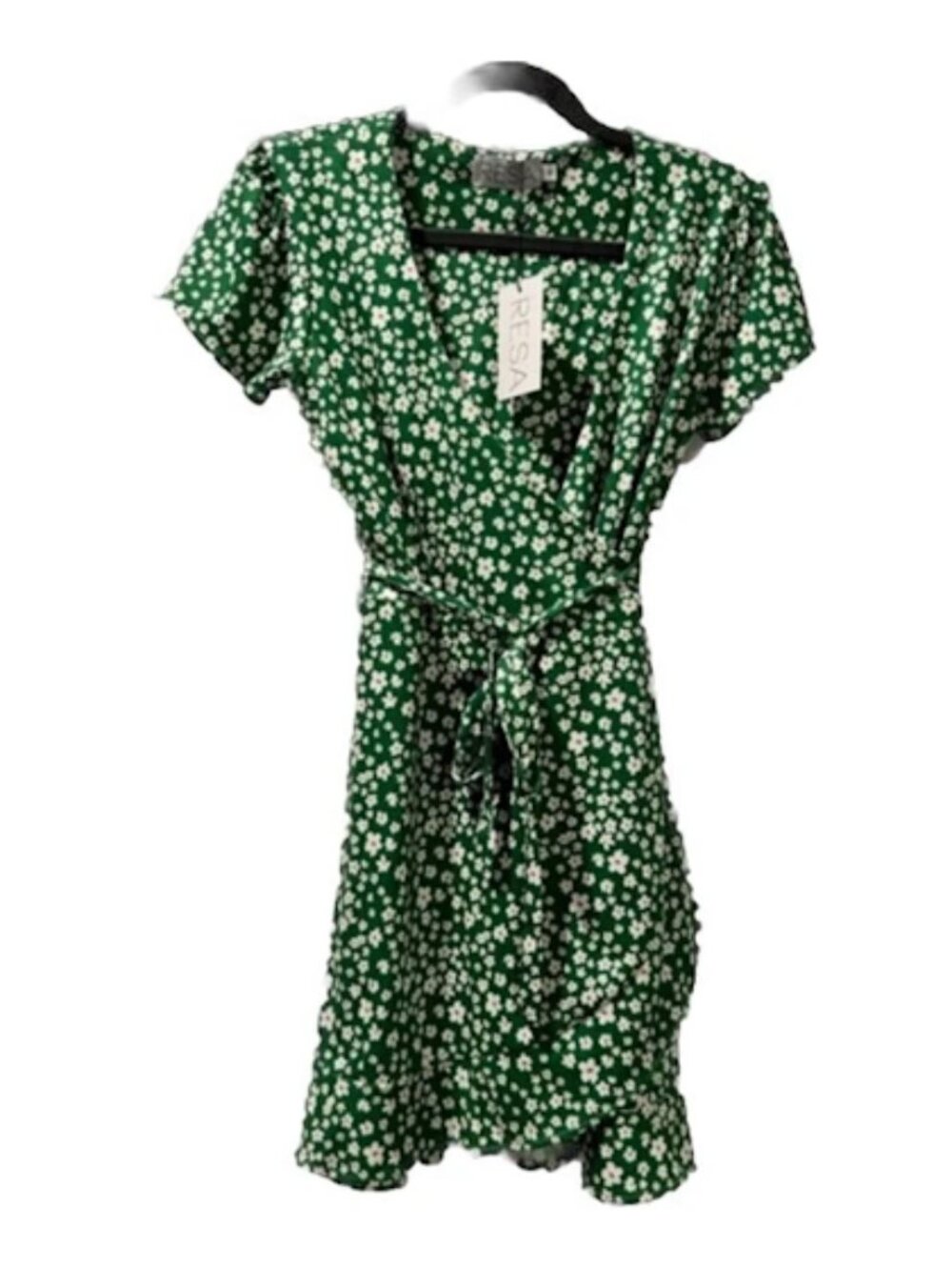 Resa Los Angeles Wrap Mini Dress Green White Floral Print Short Sleeve Tie Waist